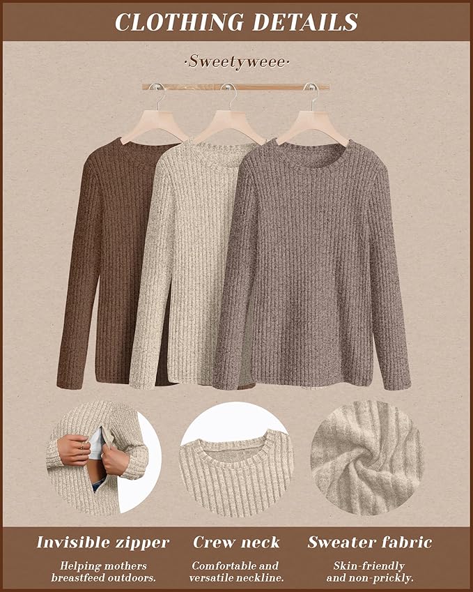 3 Pack Women's Nursing Long Sleeve Tops Breastfeeding Thermal Sweaters with Hidden Zipper Maternity Ribbed Shirts