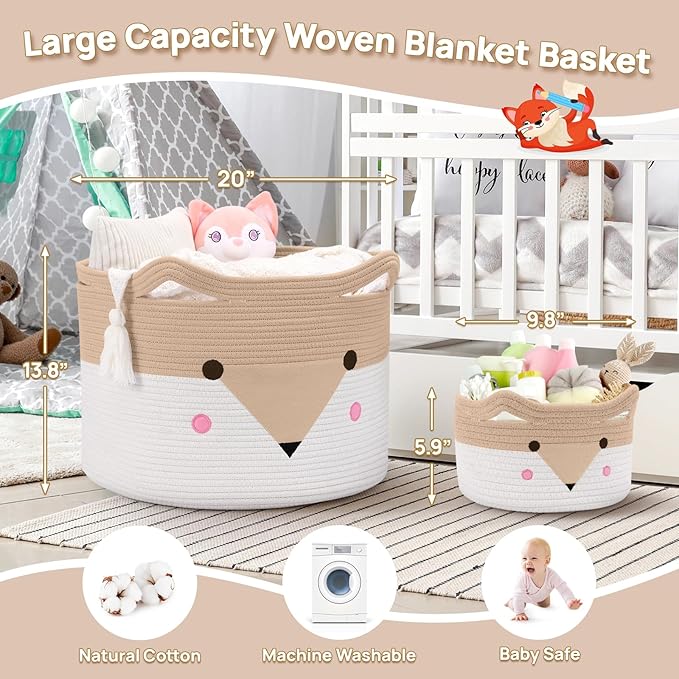 Large Baby Basket Toy Storage 3 Pack, (20"x13.8") Woven Baby Laundry Basket, Stuffed Animal Storage.