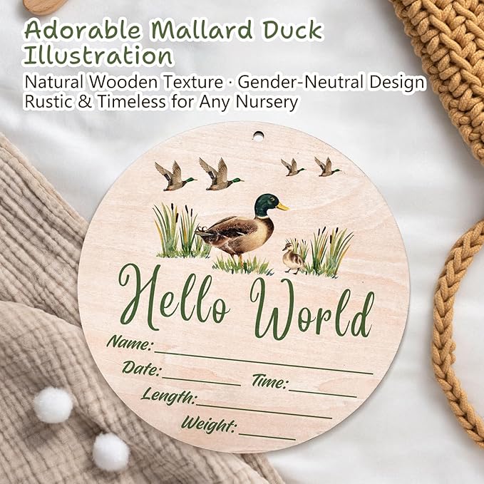 Mallard Duck Baby Announcement Sign, Hello World Newborn Sign, 6.7 Inch Round Wooden Name Sign for hospital, With Ink Pad for Hand and Footprints, Marker Pen, Baby Photo Prop & Keepsake