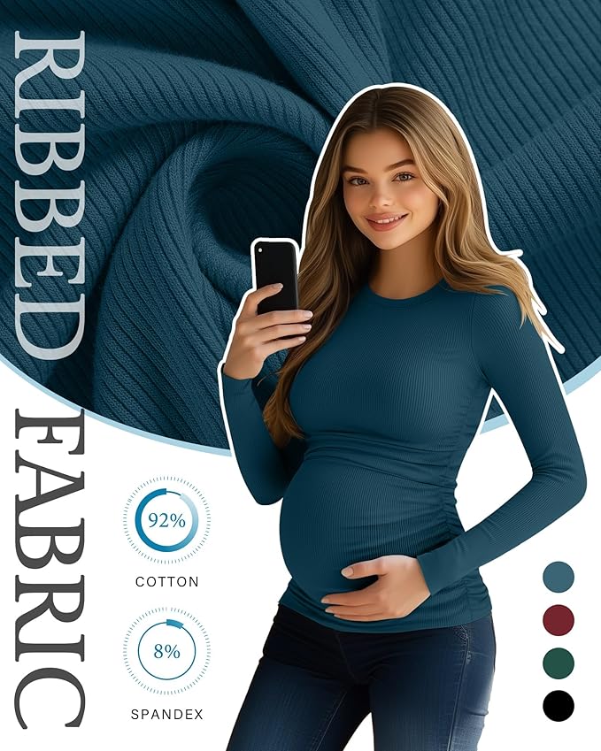 Ficerd 4 Pack Women's Maternity Shirts Cotton Long Sleeve Ribbed Crew Neck Pregnancy Tops Side Ruched Casual Mama Clothes