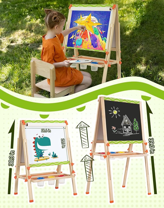 Kids Easel 3-1 Adjustable Art Easel Wooden Drawing Board Double-Sided with Magnetic Whiteboard & Chalkboard for Ages 3-8, Foldable Design Includes Paper Roll