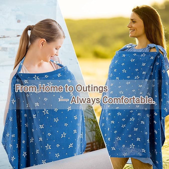 Nursing Cover 100% Cotton Breastfeeding Cover Privacy Muslin Large Full Coverage Baby Nursing Scarf with Gift Box (Blue Starry Sky)