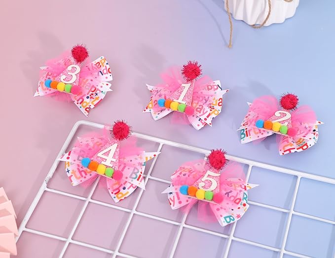 Hot Pink 1st Birthday Hair Bow - Happy Birthday ribbon Bows, Pink Birthday Hat Bows, 1st Birthday Hair Clips for Girls, First Birthday Girls Hair Accessories