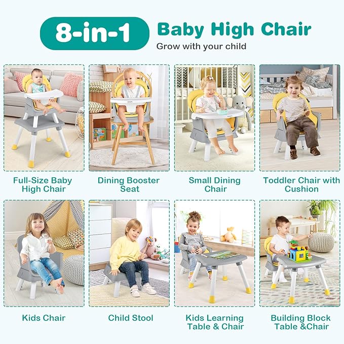 BABY JOY Baby High Chair, 8 in 1 Convertible Highchair for Babies & Toddlers | Booster Seat | Table and Chair Set | Building Block Table | Toddler Chair with Safety Harness, Removable Tray (Yellow)