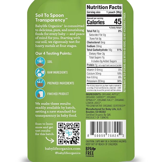 Babylife Organics Stage 2 - Apple, Carrot, Spinach & Kale, 3.5 Ounce Pouch (6 Pack) - Heavy Metal Safe, Organic Baby Food