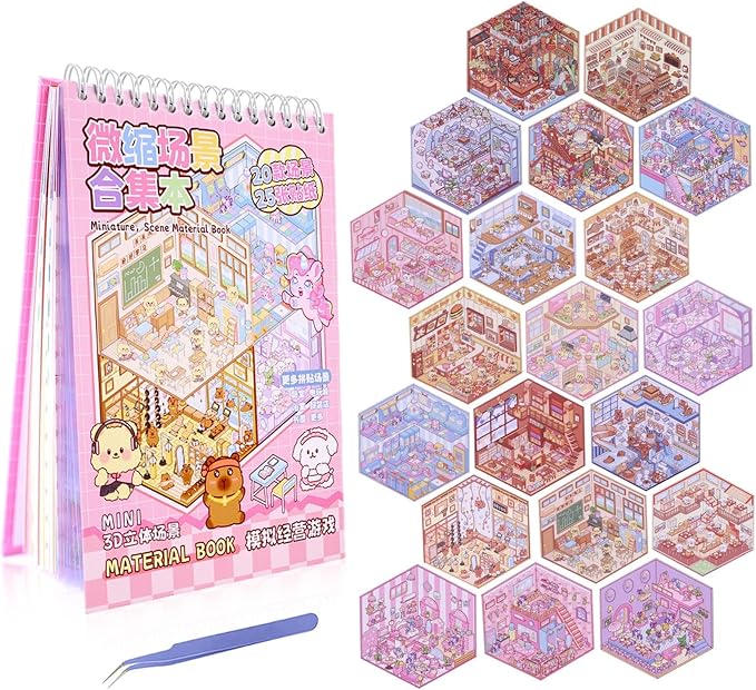 20 Sets DIY 3D Sticker Scenes for Adults with Tweezer, Kawaii 3D House Miniature Sticker Therapy, Make Your Own Mini Room Scene Collection Book for Adult Kids Relief Stress Pass The Time