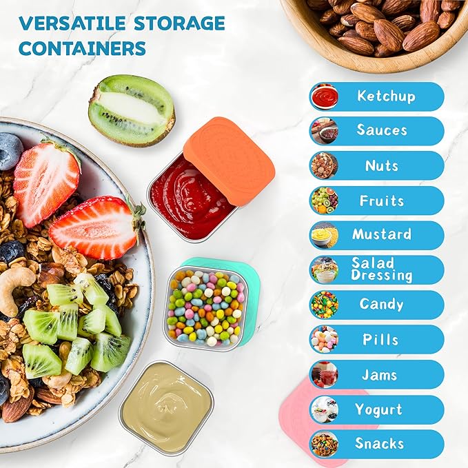 6 Pack 6oz Stainless Steel Snack Containers, Easy Open Leak Proof Stainless Steel Food Storage Containers with Silicone Lids, Small Metal Lunch Box Container for Office, Travel