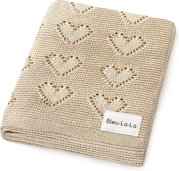 Heirloom Knit Heart Receiving Unisex Blanket for Boys and Girls - 100% Luxury Cotton Baby Blanket - Soft Warm Swaddle Receiving Blanket for Newborns Infants & Toddlers (Oatmeal)