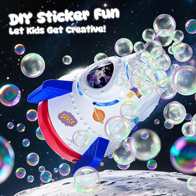 Rocket Bubble Machine for Kids with Lights, 360° Rotating Bubble Blower Toy with 10 Refill Solutions, Bubble Maker for Toddlers, Fun Outdoor Party Gift for Boys & Girls Blue
