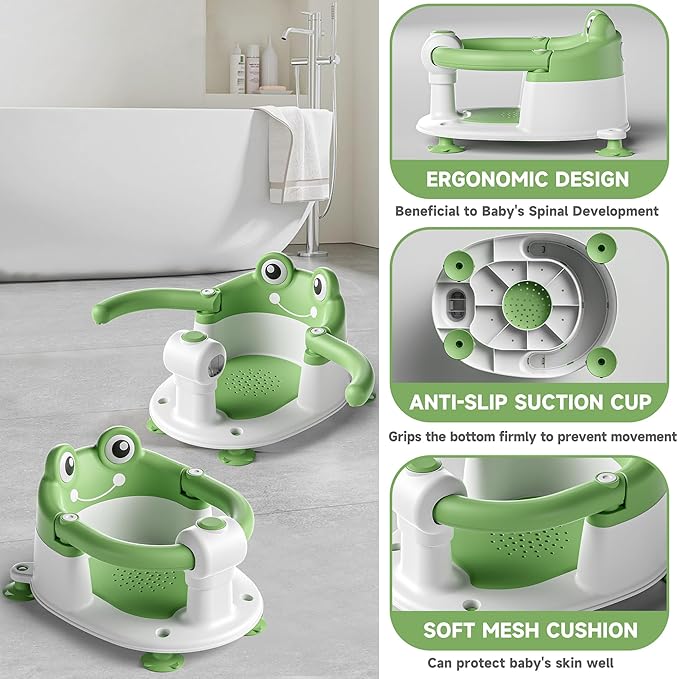 Baby Bath Seat for Babies 6 Months & Up - Toddler Bath Seats for Baby Sitting Up with 4 Suction Cups & Soft Cushion, Non-Slip Infants Shower Bathtub Chair for Newborn Boys Girls, Green