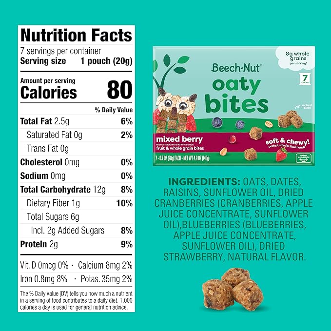 Beech-Nut Toddler Snacks, Oaty Bites with Fruit & Whole Grains, Mixed Berry Toddler Snack Bites for Toddlers 12 Months & Older, Pack of 6 Boxes (42 single-serve bags)