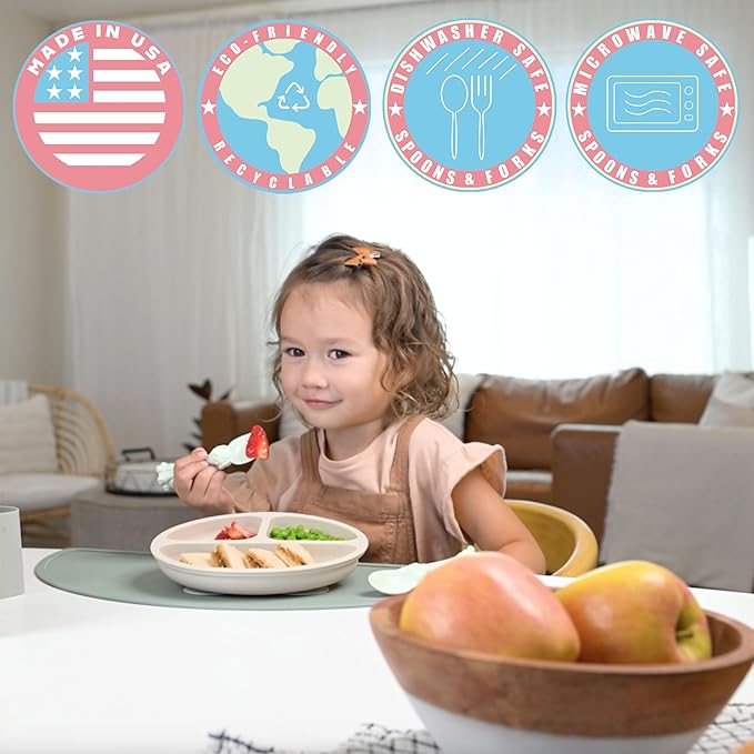 Made in USA Spoon la la Toddler Utensils Set (2 Pack) & Board Book - Spoon & Fork for Kids, Self-Standing 3D Ergonomic Cat & Dog Handles, BPA-free, Dishwasher Safe Baby Silverware (Mint Green)