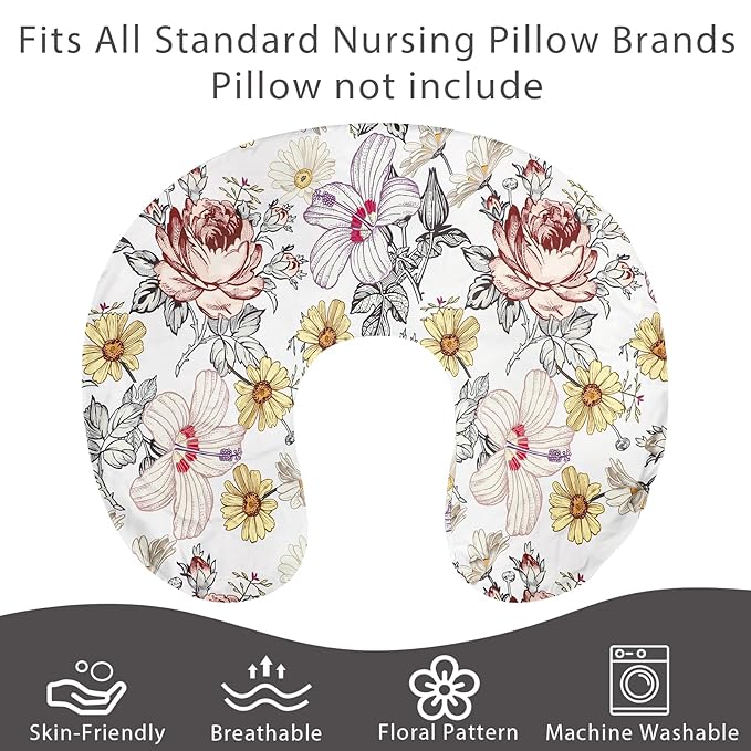 Floral Nursing Pillow Cover, Breastfeeding Pillow Slipcover for Baby Girls, Soft Snug Fits On Newborn Feeding Pillow Case