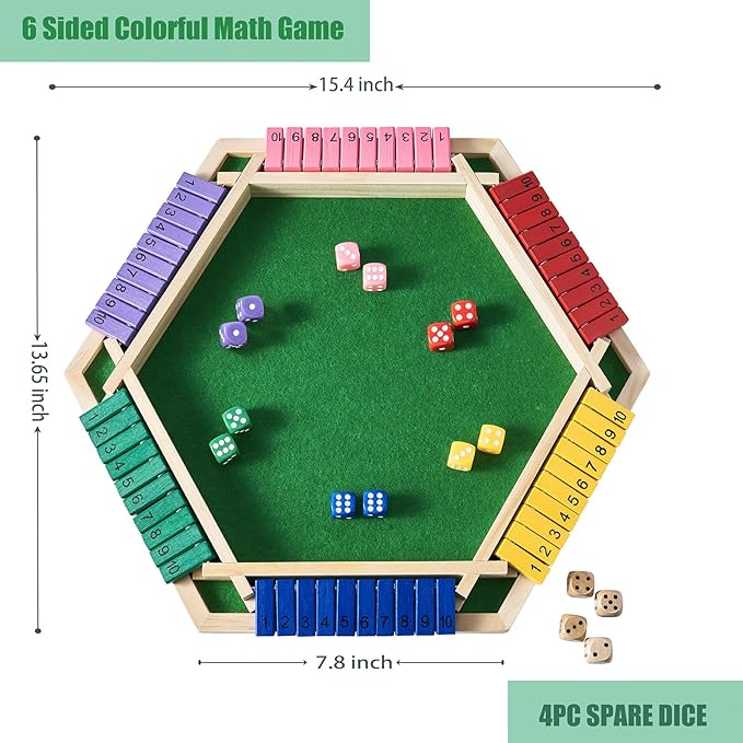 Vamslove Shut The Box Game for 6 Player with 12+4 Dice - Colorful 6 Sided Wooden Board Math Number Games for Kids Adults Families Party Club (Instructions Included)