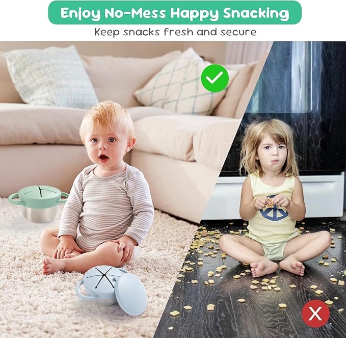 1 Pack Snack Containers for Toddlers, 3-in-1 Stainless Steel Toddler Snack Cups with Removable Silicone Food Catcher & Travel Lids, No-Spill Snack Container for Baby Self-feeding