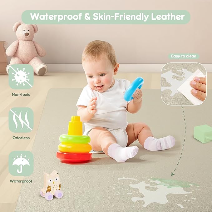 Padded Baby Play Mat, Super Soft Vegan Leather Baby Floor Play Mat, 48x48 Non-Slip Thick Foam Cushioned Play Mat for Babies 6-12 Months, Fits Nicely Into 50x50 Playpen Mat, Grayish Green