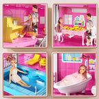 Pink Girl House Playset for Kids 3 4 5 6 7 8 Years Old - Villa Girl Toys with 4 Storeys 10-Room and 2 Dolls, Furniture Accessories, Pretend Play Indoor Toddler Toys Birthday Gifts for 3-5 6-8