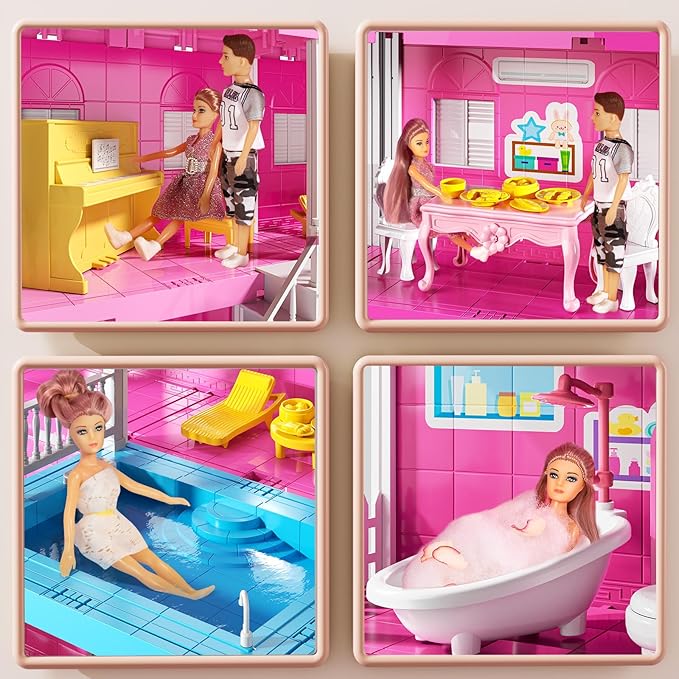 Pink Girl House Playset for Kids 3 4 5 6 7 8 Years Old - Villa Girl Toys with 4 Storeys 10-Room and 2 Dolls, Furniture Accessories, Pretend Play Indoor Toddler Toys Birthday Gifts for 3-5 6-8