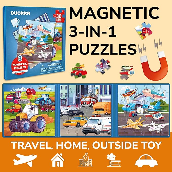 QUOKKA Magnetic Toddler Puzzles Ages 2-4 – 24 Pieces Kids Puzzles Ages 3-5 – Travel Games and Toys for Kids 4-6 Boys and Girls – Learning Transport Car Airplane Road Trip Activities