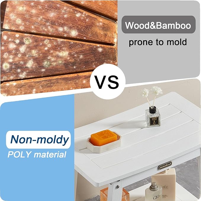 Large Waterproof Shower Bench for Inside, HDPS White Shower Stool for Shaving Legs, Spa Bath Chair Seat for Bathroom, Indoor/Outdoor Use, No Maintenance, Weight Capacity 500LBS