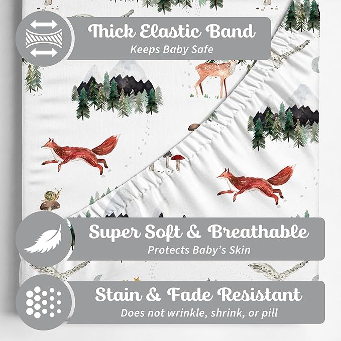Crib Sheets Neutral - Fitted Baby Crib Sheets Bed for Girl Boy - 2 Pack Standard & Toddler Mattress (Woodland Forest Animals) - Buttery Soft Organic Cotton Blend