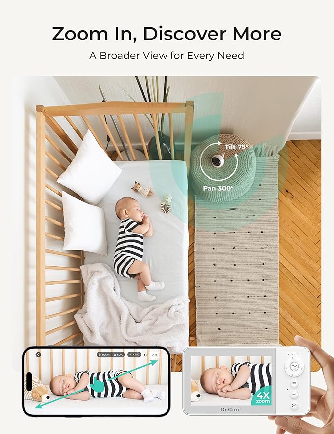 VistaView Lite RB Smart WiFi Baby Monitor - 4” 720P Split Screen & 1080P Camera App Control, Motion Alerts, 2500mAh Removable Battery, HD Night Vision, 2-Way Talk, Multi-User, Triple Security