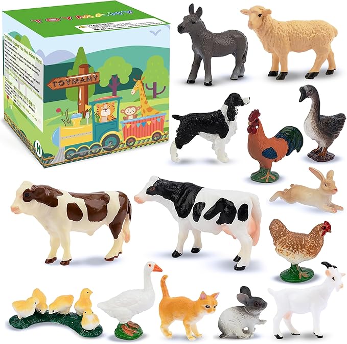 Toymany 14PCS 0.6-2.5" Tiny Farm Animal Figures Toy, Detailed Texture Farm Figurines Cake Topper, Easter Eggs Birthday Gift School Project for Kids Children Toddlers