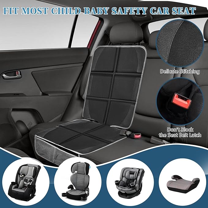 Car Seat Protector 2 Pack Baby Car Seat Covers with Mesh Pockets & Non-Slip Backing 600D Durable Seat Protector Under Baby Car Seat (Black & Gray, Large)