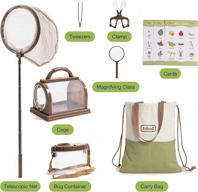 ROBUD Kids Explorer Kit, Bug Catcher Kit with Bag Kit, Outdoor Exploration Set for Camping, Montessroi Toy for Kids Coming Closer to Nature，WRP07