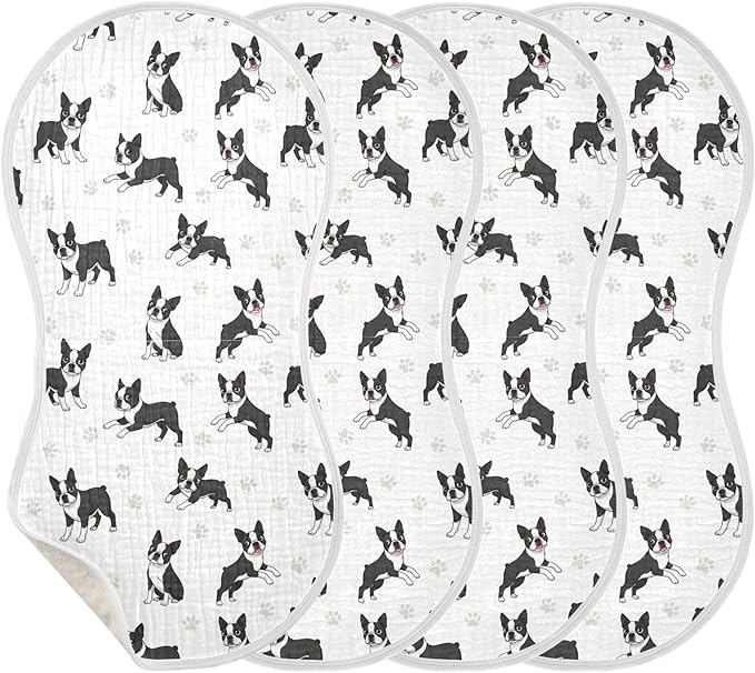 4 Pack Muslin Burp Cloths Boston Dogs Paw White Cotton Baby Burp Cloths Ultra Absorbent Soft Thick Burping Cloth for Newborn Babies 22x11 Inch