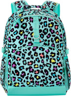 Choco Mocha Cheetah Backpack for Girls, Elementary School Backpack for Girls Ages 6-8 Kids Kindergarten Backpack Large Bookbag 18 Inch with Chest Strap, Green