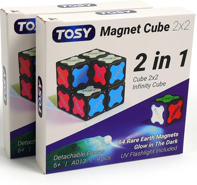 TOSY Magnet Cube 2x2 - 8 Blocks, 2 in 1 Toy: 2x2x2 Puzzle Cube and Customizable Infinity Cube, Glowing, UV Flashlight, Fidget/STEM/STEAM Magnet Tiles Birthday Gift for Kids/Teens/Adults, 2-Pack
