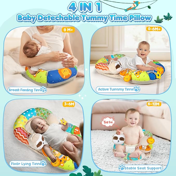 URMYWO Tummy Time Mat - 4 in 1 Cozy Tummy Time & Seated Support Pillow, Tummy Time Pillow for Newborn 0-12 Months, Infant Baby Sit Me Up Floor Seat Early Sensory Development Gifts Tummy Time Play Toys