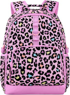 Choco Mocha Cheetah Backpack for Girls, Elementary School Backpack for Girls Ages 6-8 Kids Kindergarten Backpack Bookbag 17 Inch with Chest Strap, Pink