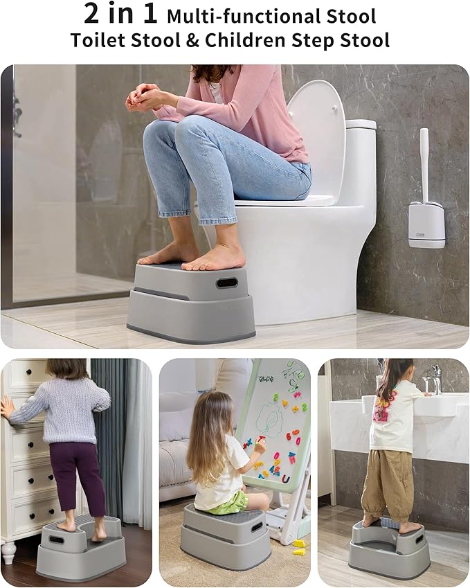 MR.SIGA Toilet Stool Squat Adult, Bathroom Stool Heavy Duty, Anti Slip Toilet Step for Bathroom, Toddler Step Stool for Kids, Light Gray & Dark Gray