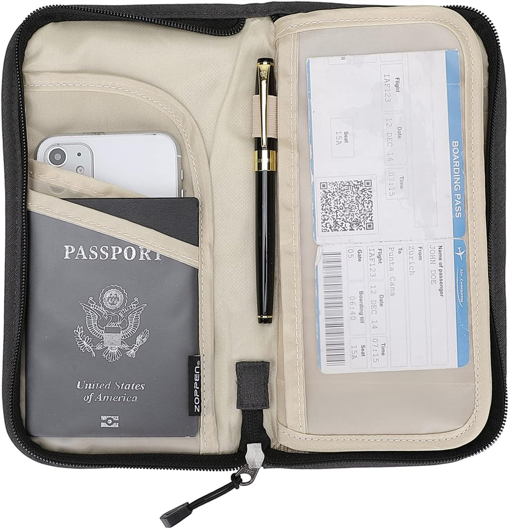 ZOPPEN Passport Holder Family RFID Passport Wallet, Passport Holder Women/Men, Travel Wallet Documents Organizer Zipper Case with Removable Wristlet Strap, Travel Essentials for Flying