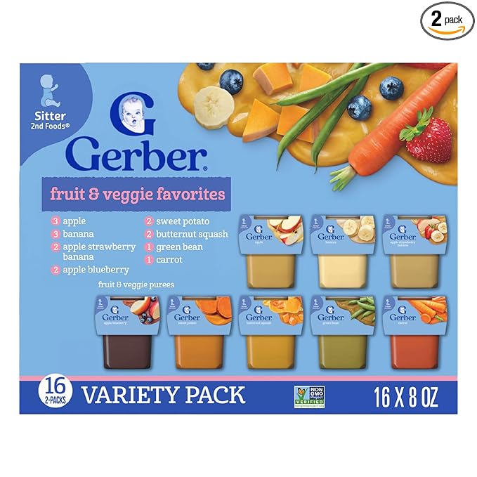 Gerber Purees 2nd Foods Veggie & Fruit Variety Pack, 8 Ounces, Box of 16 (Packaging May Vary)