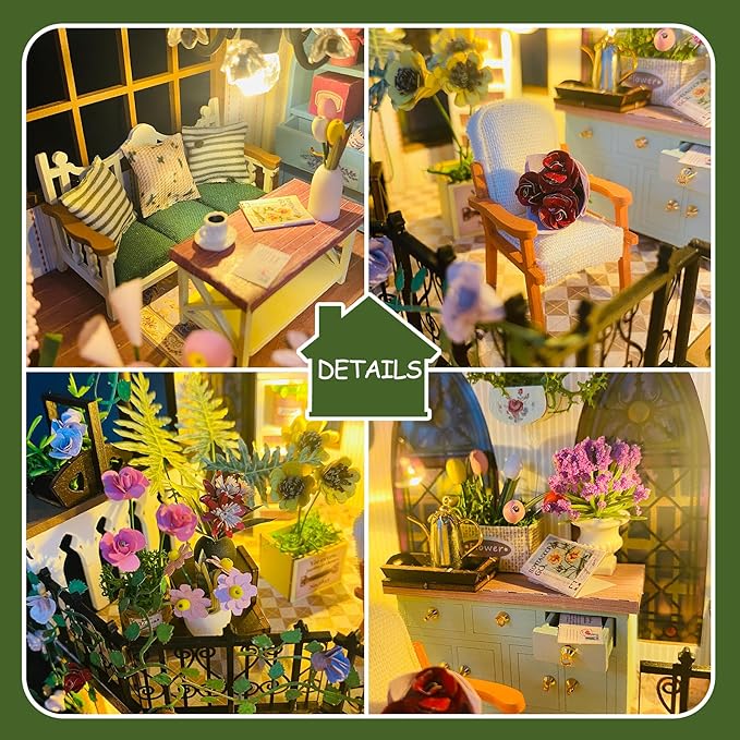 DIY Miniature Dollhouse Kit, Mini House Building Kit for Adults, Tiny House Making Kits with LED Light, Hobby Craft Christmas Decorations Birthday Gifts for Adults (Flower House)