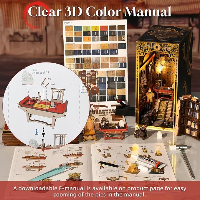 Book Nook Kit, DIY Dollhouse Booknook, Book Nook Miniature Kit for Bookshelf Insert Decor Crafts for Adults Teen Halloween, 3D Wooden Puzzle with Led Light (The Emperor's Study)