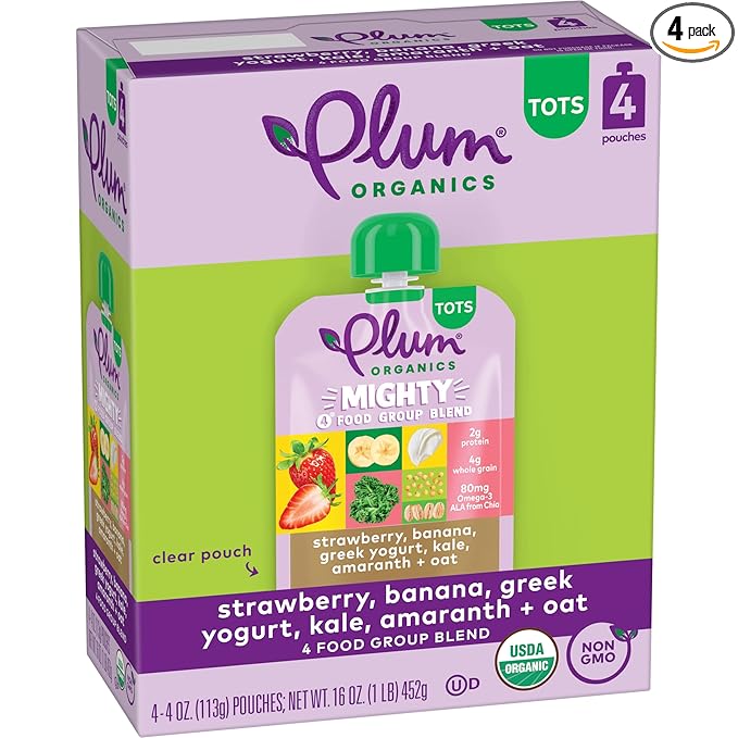Plum Organics Mighty 4 Organic Toddler Food - Strawberry, Banana, Greek Yogurt, Kale, Amaranth, and Oat - 4 oz Pouch (Pack of 4) - Organic Fruit and Vegetable Toddler Food Pouch