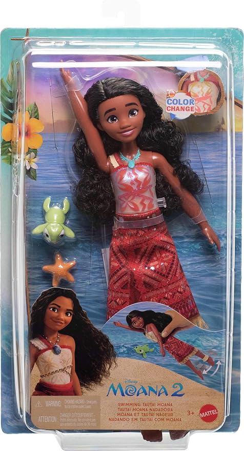 Mattel Disney Moana 2 Toys, Swimming Tautai Moana Fashion Doll with 2 Accessories, Color-Change Bodice & Kicking Legs, Inspired by The Movie