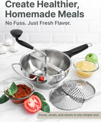 Stainless Steel Food Mill with Detachable Handles – Hand Crank Grinder for Baby Food, Tomato Sauce & Mashed Potatoes – Includes 3 Discs – Easy to Use & Clean – Great for Home Chefs, Parents & Canning