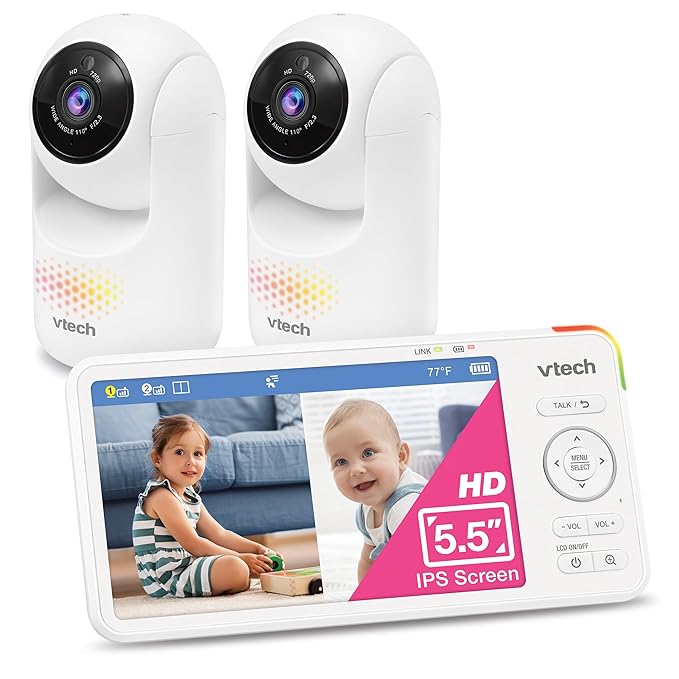VTech 2-Cameras Advanced HD Video Baby Monitor with Camera & Audio, 5.5" High-Definition IPS Screen, Pan-Tilt-Zoom, Night Light, 2-Way Talk, Lullabies, Soothing Sounds, No WiFi: Advanced HD Plus Twin