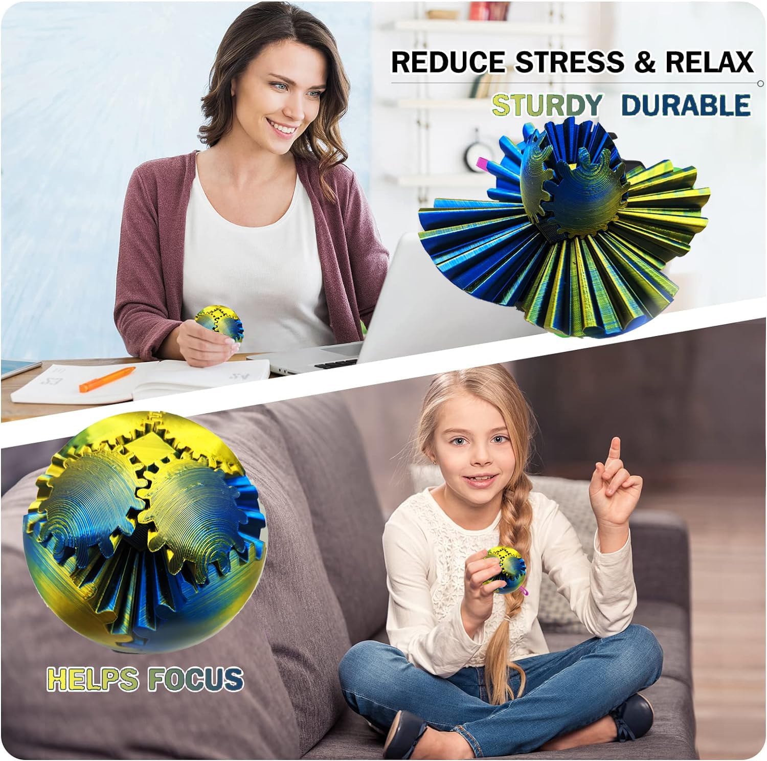 Gear Ball for ADHD 3D Printed Gear Ball Steampunk Whirling Wonder Fidget Toy Gearsphere Gear Ball for Stress and Anxiety Relaxing Fidget Ball Ideal for Sensory Needs and Autism (Laser Yellow Blue)