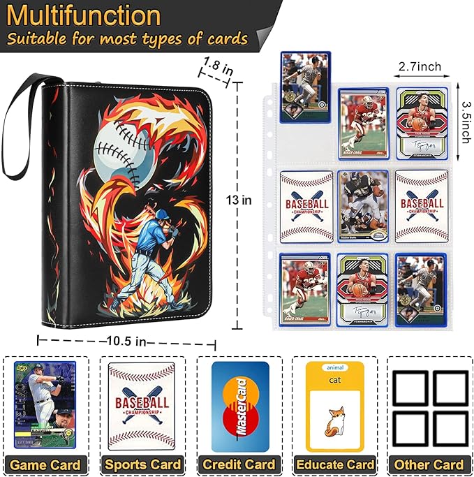 9 Pocket Baseball Card Binder Holder Fits 900 Cards with 50 Removable Sleeves, Trading Card Collection Binder Album Book Case Storage for Boys Girls Toys Gift (Flame 9 Pocket)
