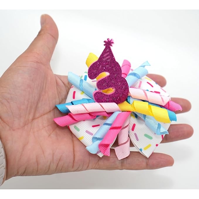 Birthday Hair Bow for Baby Girls 1 2 3 4 5 6 Years Sprinkle Decorations Party Pink Hair Accessories for Three 3rd Birthday Confetti Ice Cream