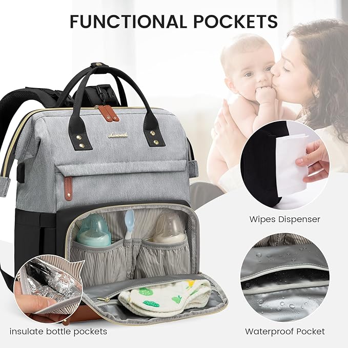 LOVEVOOK Diaper Bag Backpack, Baby Bag with Changing Station, Large Diaper Backpack for Moms Dads, Waterproof Leather Accents Baby Boy and Girl Bag for Travel Baby Essentials