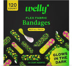 Welly Bandage Glow-in-The-Dark Refill Pack | Adhesive Flexible Fabric Bandages | Assorted Shapes and Patterns for Minor Cuts, Scrapes, and Wounds - 120 Count