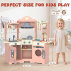 ANPABO Play Kitchen for Kids, Wooden Kitchen Playset w/Real Lights & Sounds, Coffee & Ice Maker, Microwave, Stove, 30Pcs Accessories Include Play Food, Pretend Play Set for Boys & Girls, Pink