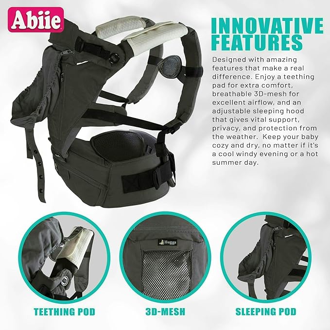 Abiie HUGGS 3-in-1 Baby Carrier with Hip Seat - Front Facing, Hip Hugger, Back Baby Carrier - Healthy Sitting (M) Position, 3 Mos.-Toddler - Buckle Type Closure - Approved by US Safety Standards